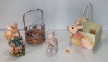 Butterfly Basket, Rabbit Basket & Two Rabbit Figurines