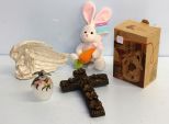 Resin Cross, Stuffed Rabbit, Candleholder & Angel