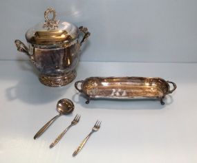 Silverplate Tray, Ladle, Two Forks & Ice Bucket