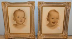 Two Baby Pictures in Ornate Gold Washed Frames