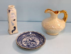 Lusterware Pitcher, Blue and White Plate & Vase