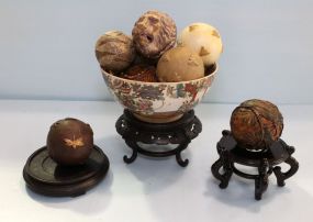 Hand Painted Porcelain Bowl, Three Stands & Balls