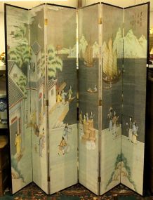 Six Panel Hand Painted on Paper Oriental Screen