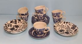 Seven Blue and White Cups/Saucers & Set of Four Earthenware Bowls