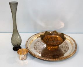 Silverplate Tray, Brass Bowl, Vase & Cup