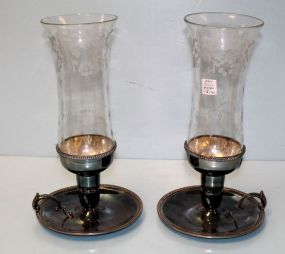 Pair Warwick Electroplate Candlesticks with Etched Shades