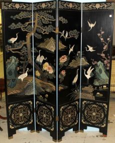 Four Panel Black Lacquer Oriental Style Screen