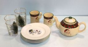 Christmas Teapot, Two Mugs, Four Glasses & Five Plates