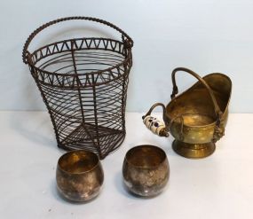 Two Silverplate Cups, Miniature Brass Coal Hod & Wire Basket