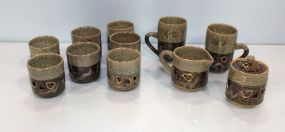 Seven Green Candleholders, Creamer/Sugar & Two Mugs