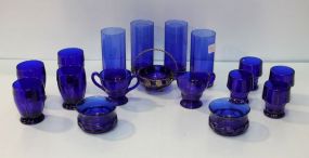 Twelve Cobalt Glasses, Creamer/Sugar, Silverplate Basket with Cobalt Liner