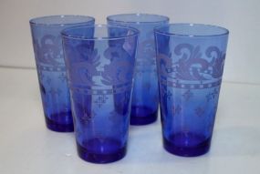 Four Cobalt Etched Glasses