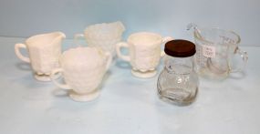 Milk Glass Creamer Sugar, Cup, Mixing Cup, Relish Jar