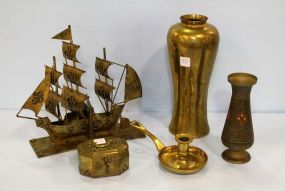Brass Ship Bookends, Candlestick, Box, Vase