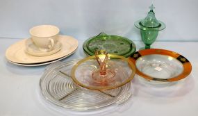 Depression Bowl, Covered Candy, Cake Plate, Two Ceramic Platters, Cup, and Saucer