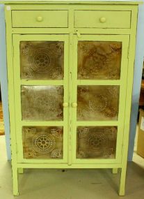 Green Two Doors Under Two Drawers Punched Tin Pie Safe