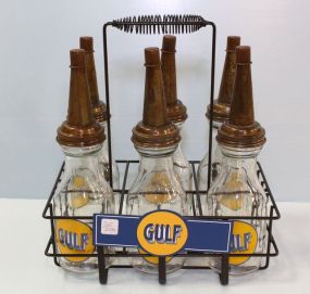 Metal Gulf Oil Bottle Holder and Six Glass Gulf Oil Bottles
