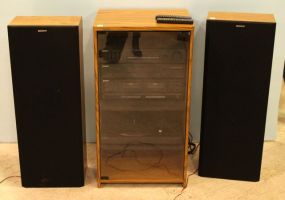 Sony Cabinet with Stereo, Cassette Player, Twin Table, and Two Speakers