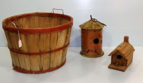 Small Wood Bird House, Small Metal Birdhouse, and Fruit Picking Basket
