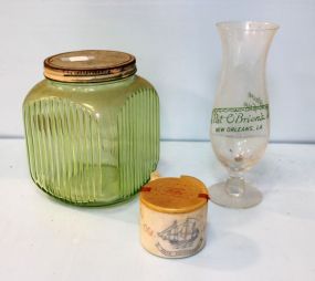 Green Depression Glass Cookie Jar, O' Briens Glass & Old Spice Shaving Cup