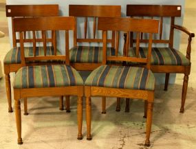 Set of Five Oak Spindle Back Dining Chairs with Striped Cushions 