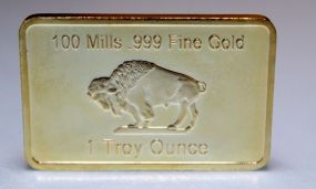 14KT Fine Gold .999 Buffalo Bison One Ounce Art Coin, Gold Plated 100 Mills