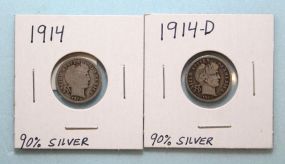 Two 1914-D and 1914 Silver Barber Dimes