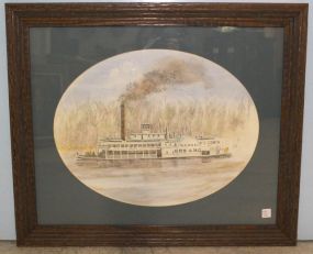 Great Watercolor in Oval Matte of U.S. Mail Steamboat 