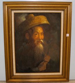 20th Century Oil Painting of Chinese Man in Straw Hat Holding Pipe