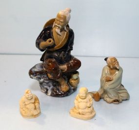 Mud Man, Seated Mud Man & Two Chalkware Seated Buddha
