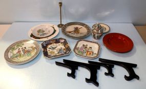 Oriental Plates, Ginger Jar, Brass Candlestick & Four Easels