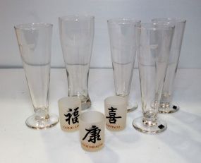 Five Whisper Lake Glasses & Three Small Frosted Oriental Jiggers