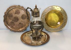 Three Silverplate Trays & Silverplate and Glass Water Pot