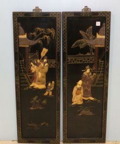 Two Hand Carved Oriental Black Lacquer Plaques