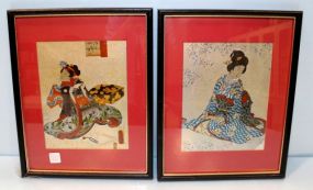 Two Framed Foil Pictures of Oriental Maidens