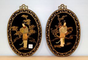 Oval Black Lacquer and Carved Oriental Plaques
