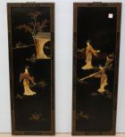 Two Black Lacquer and Carved Oriental Plaques