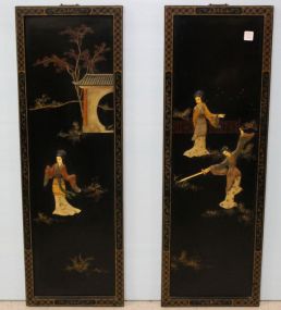 Two Black Lacquer and Carved Oriental Plaques