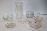 Hurricane Shade, Pressed Glass Basket, Glasses & Pressed Glass Oval Dish