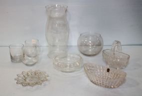 Hurricane Shade, Pressed Glass Basket, Glasses & Pressed Glass Oval Dish