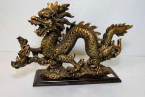 Large Painted Gold Resin Dragon on Wood Base