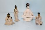Three Small Mud Figurines & Porcelain Maiden