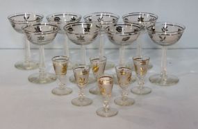 Six Etched Cordials & Eight Silver Decorated Champagne Glasses