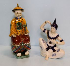 Blue and White Porcelain Seated Thailand Figurine & Porcelain Oriental Figurine of Warrior