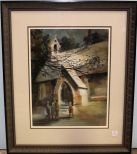 Watercolor of Worshippers Going Into Church Signed Ginger Chamblin