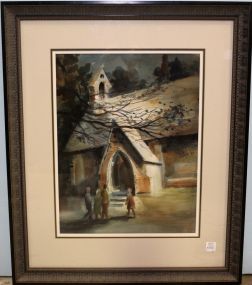 Watercolor of Worshippers Going Into Church Signed Ginger Chamblin