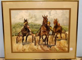 Rare Watercolor of Horse Racers Signed Perry Ritchie