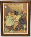 Print of Two Girls and Collie In Oak Frame