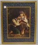 Print of Girl Knitting With Boy In Gold Frame