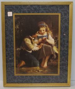 Print of Girl Knitting With Boy In Gold Frame